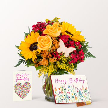 Geburtstag-Set mit Blumenstrauß Merci Schokolade Grußkarte sowie